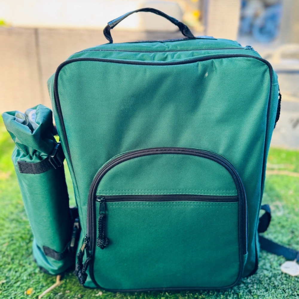 Green Insulated Picnic Backpack Set for 4 with Plates Flatware Wine Glasses